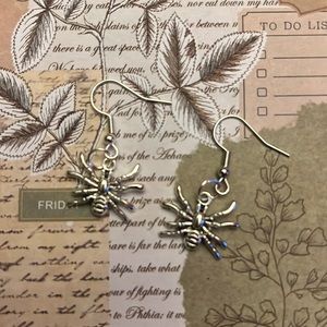 Halloween Spider Dangle Handcrafted Silver Tone Earrings